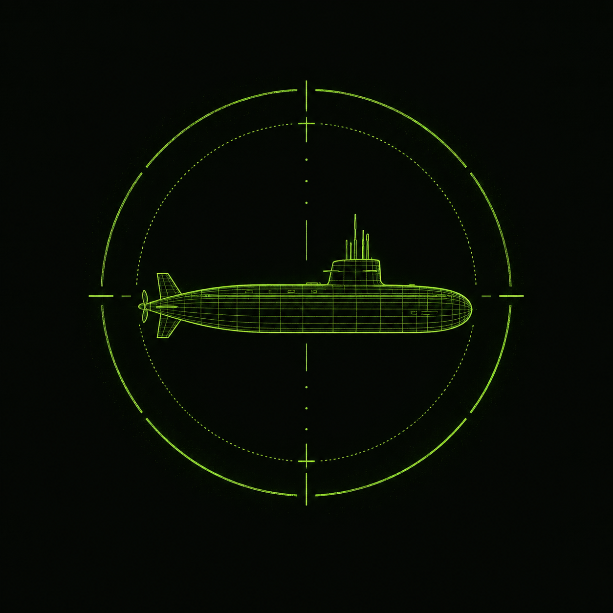 Lime-green wireframe submarine inside sonar rings